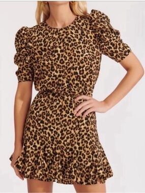 Veronica Beard Lila Puff Sleeve Mini Dress Leopard Print Flounce Hem US 12 $595